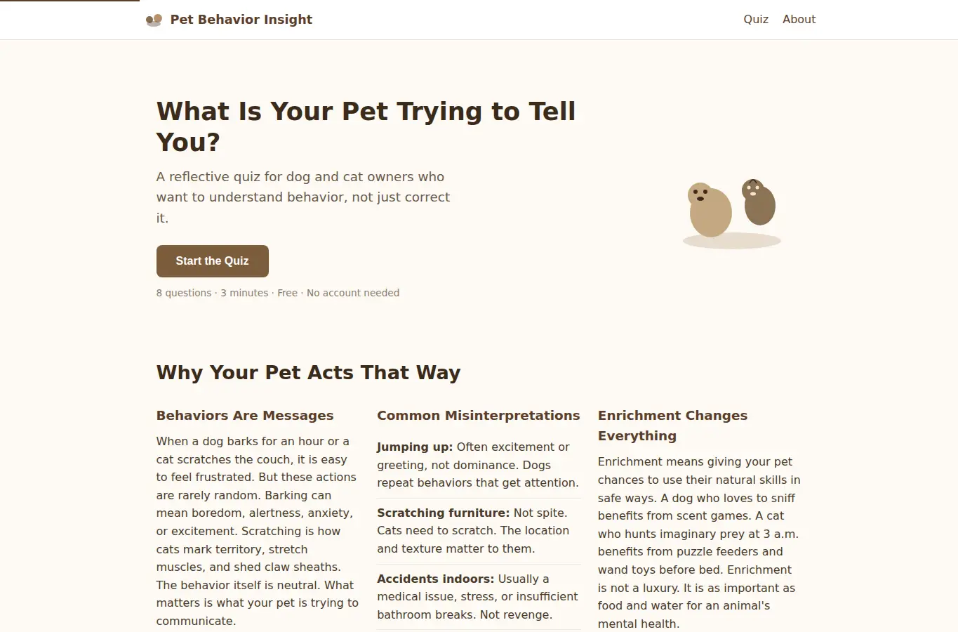 Screenshot of Pet Behavior Insight Quiz interface showing the project page in use